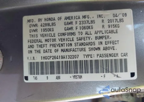 2009 Honda Accord 2.4 Lx-P z USA, uszkodzony, nr VIN 1HGCP26419A132207